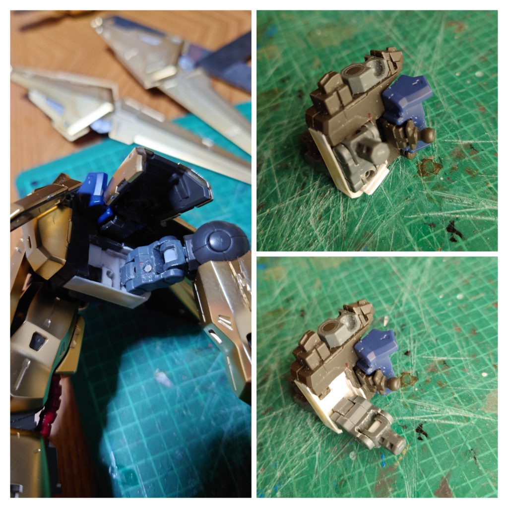 今回唯一の大きな改造箇所&苦労した股関節コトブキヤさんのM.S.Gを基部に作成今回は胸部可動、機首バインダー基部など可動部が多かったのでM.S.Gジョイントセットとフレキシブルアームを買ったけど使い勝手良かったです自作する力量が無い私にはありがたいアイテムです✨