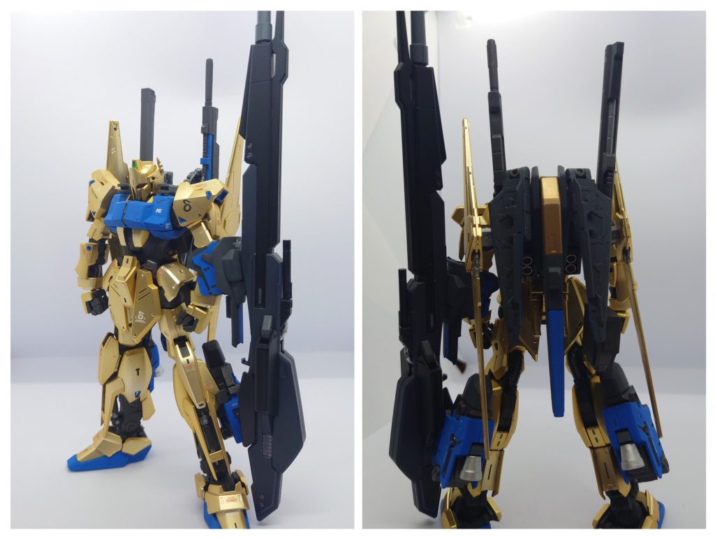 金メッキは活かしたいのでメッキ部分は一切改造をせず、可動部も極力そのまま塗装箇所が少ないので珍しくデカールいっぱい貼りました【主な改造箇所】・変形時に股関節が左右に広がるように加工・変形時に胸部上半分だけゼータみたいに跳ね上がるように切断&可動部追加・バックパックにスタビライザー+バインダー的なヤツを取り付け⇒これが飛行形態時の機首になる・飛行形態時に顔や胸の内部がまる見えなので隠すようにシールドパーツ作成⇒MS時は左腕に装着、ハイパーメガランチャーマウント可能・脚部に増加ユニット