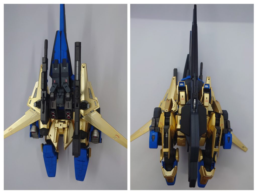 ウェーブライダー形態の表&裏面なんとかそれっぽいカタチになってくれたけど、ロック機構とかないんで毎回微調整しないといけない…バインダーは無改造でウイングらしい角度になってくれて良かった