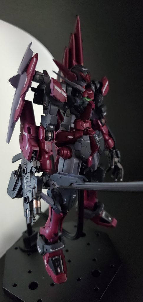 ショートバレル式のライフル、細身の刀ブレード（シールドにマウント可能）。GNファングを背面に６門装備しています。