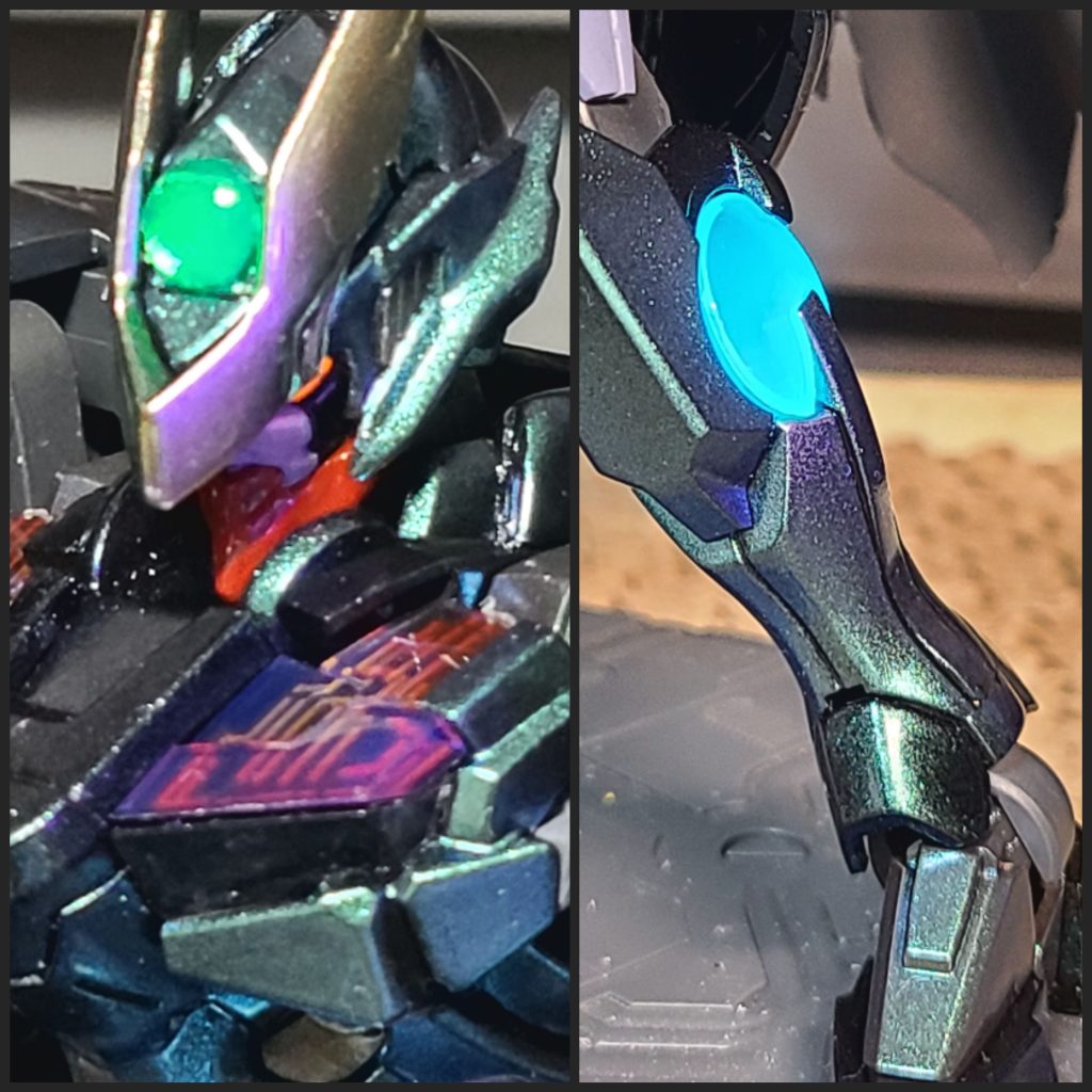 額の宝玉は無塗装のHアイズ。デュアルカメラとフクラハギのクリアーパーツは蛍光塗装してあるのでUVライトで光ります。