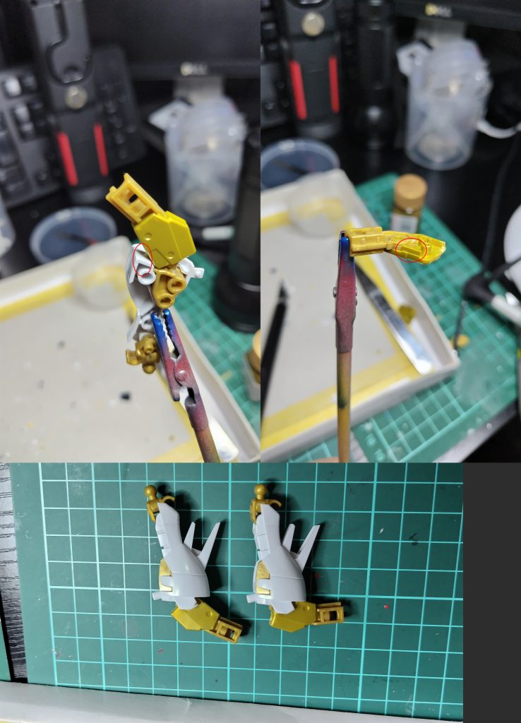 写真左上の赤丸の膝裏の干渉部をカット。写真右上の赤丸部分の膝裏の縦長の干渉部を丸々カット。写真下の右側が結果です。かなり曲がるようになりました。