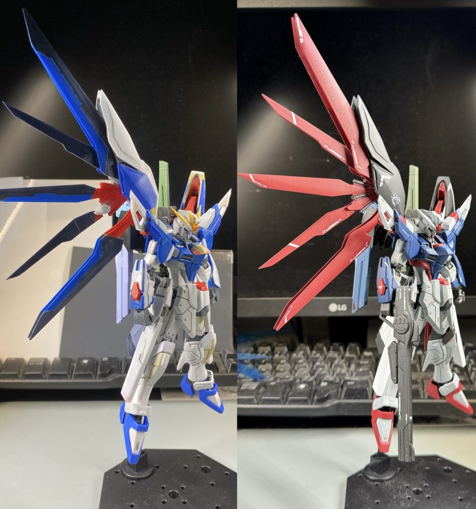 配色はまんまデスティニーspecⅡです。胴体の青色はMr.colorのキャラクターブルーに灰色を調色している世界で唯一のカラーです。(感覚でやってしまった為、もう二度と同じ色は作れない…)他のカラーはお店でカラーサンプルを見ていて、これだぁあ!となったカラーを使用しています。ここからはポージングとデジラマになります。