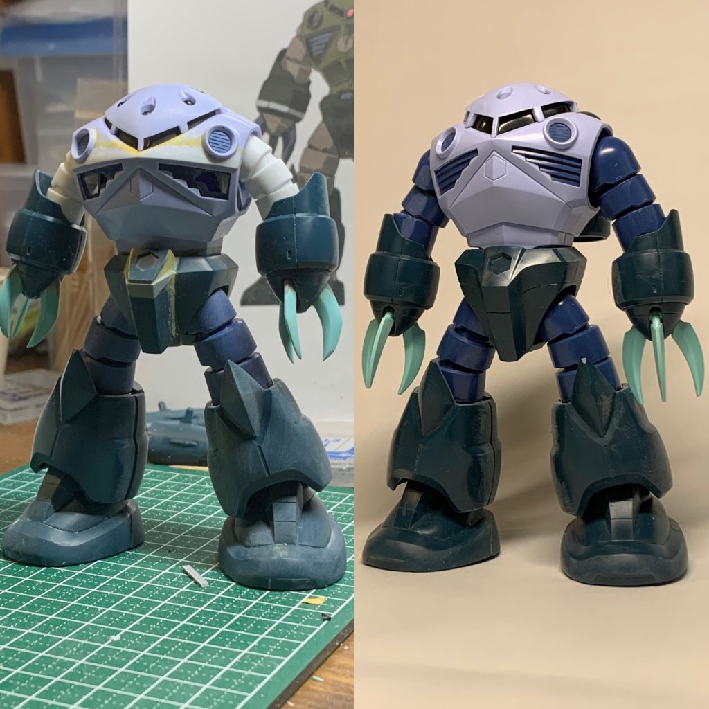 割と細かくスタイルはいじってます。・モノアイのフレームを上下詰めて細く •胸の水平ラインが曖昧なのでプラ板でハッキリさせて、ついでに丸いダクトの位置を外側に寄せてます。 •腰を小型化、形も整えました。 •二の腕は大きすぎるので小さく作り直しました。カプールを作った際に購入したプラパイプがいきました。 •爪は可動よりも形を優先して根本は太くしています。 •写真では反映されておりませんが、足首中央の出っ張りも太くしています。