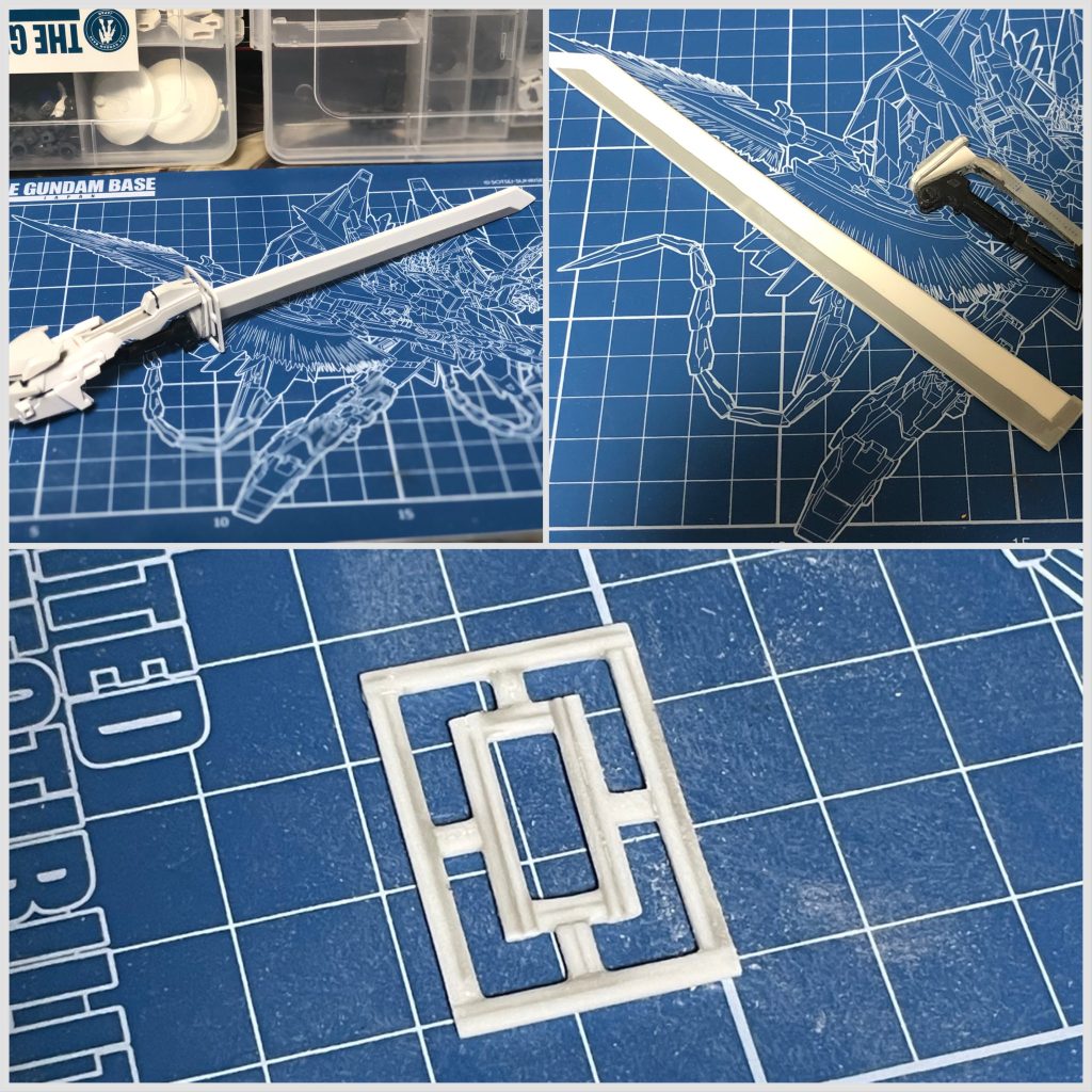 対艦刀のスクラッチで一番骨が折れた箇所は鍔ですね_(:3」z)_四角プラ棒を合わせて作成、合わせ目に塗りパテ埋めてひたすらヤスってを数えるのを忘れるくらいやりました