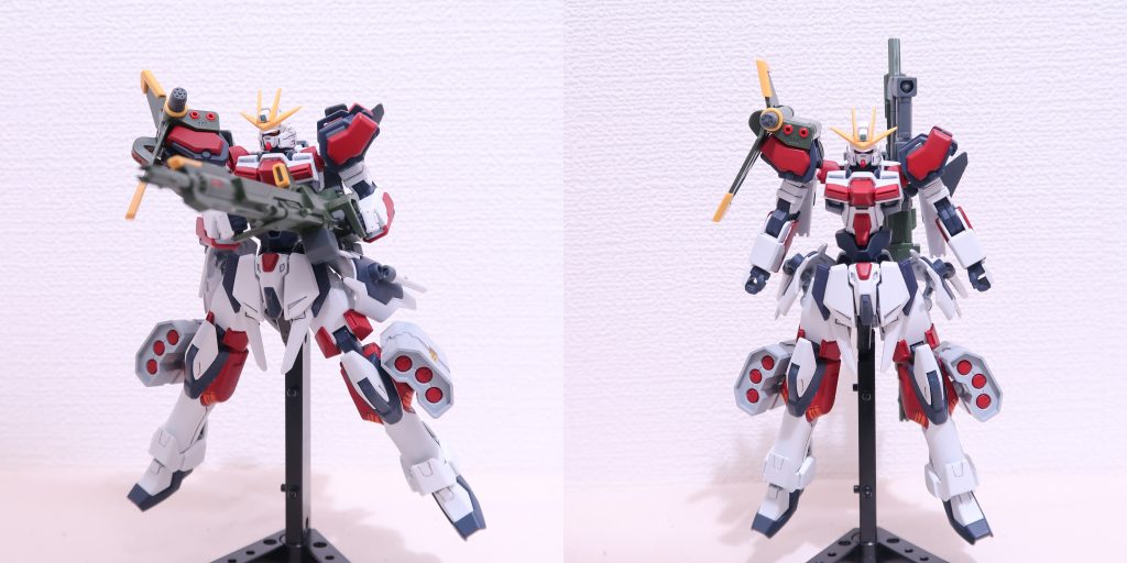 オプションパーツセットのランチャーストライク装備。アーム部分があまりにも動かしにくくて、心臓に悪いストライカーパックでした。膝のハードポイントには三連装ミサイルを増設しています。