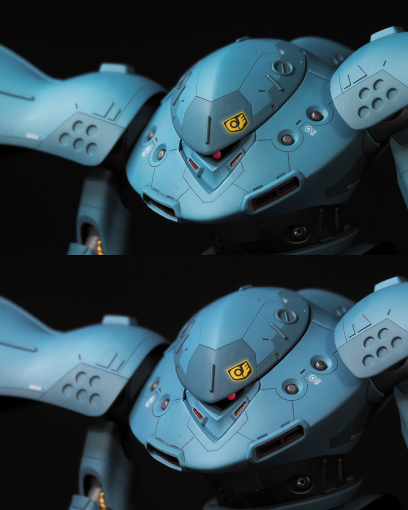 今回、モノアイの可動化をしてみました。そもそもモノアイの範囲が狭いのと、正面から見るとほぼモノアイが見えないので、あまり恩恵がありません。工作は下記に載せておきます。