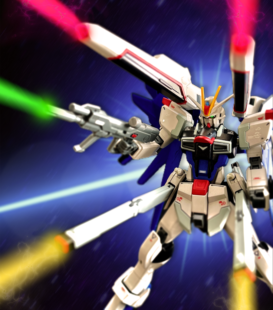 同世代のキットという事もあり、一切加工無しのポン付けでバックパック、サイドアーマー(レールガン)を移植出来ました。シンプルな素体なので干渉もせずフルバースト出来ます。