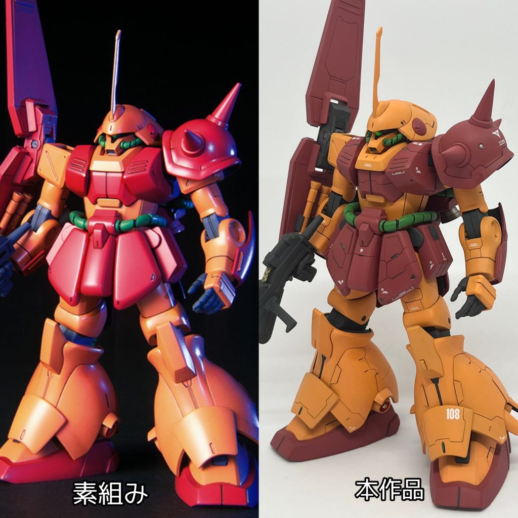 素組みとの比較。のっぺりした印象がかなり改善されたと思ってます。プロポーション面では腰部で1mm、太ももで2mm延長し、スタイリッシュな体型に改修してます。