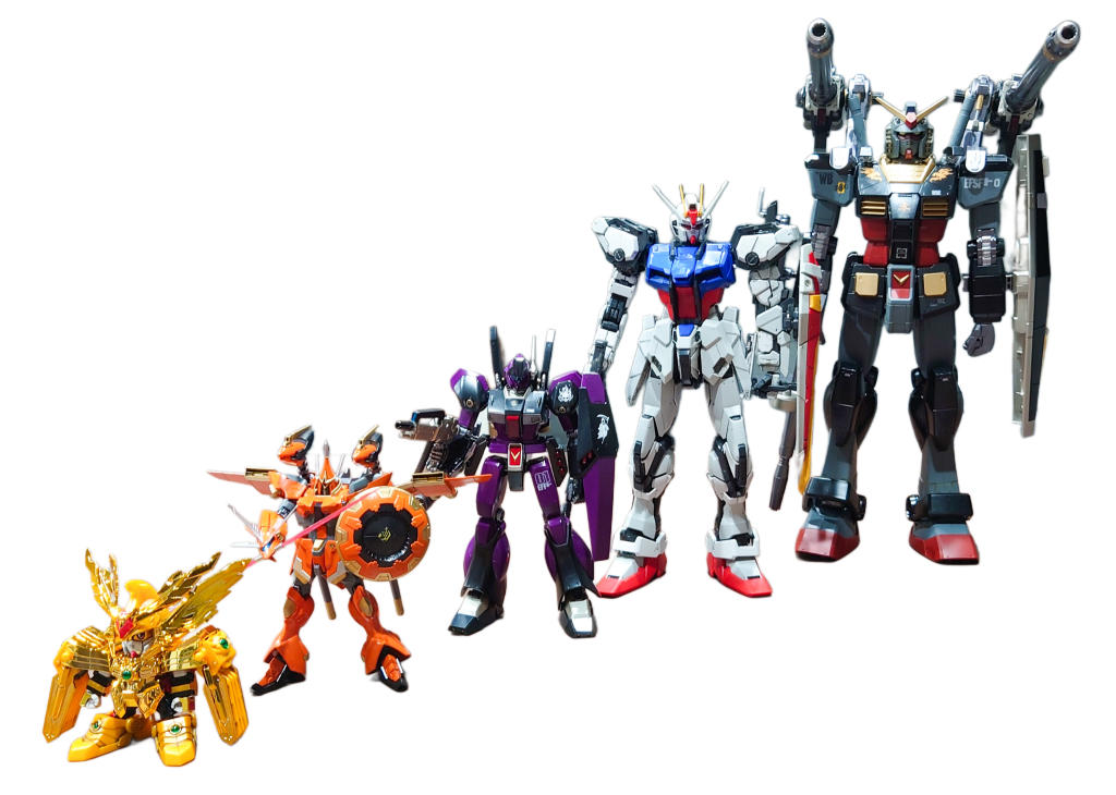 人生で初めてめちゃでかサイズの1/48ガンダムを作成したので、せっかくなので今まで作成した他のサイズのガンプラと比較してみました。手前からBB戦士(SDガンダム)、HG(1/44)、MG(1/100)、PG(1/60)、そしてメガサイズモデル(1/48)になります。MGで腰くらいという驚異の大きさでした！