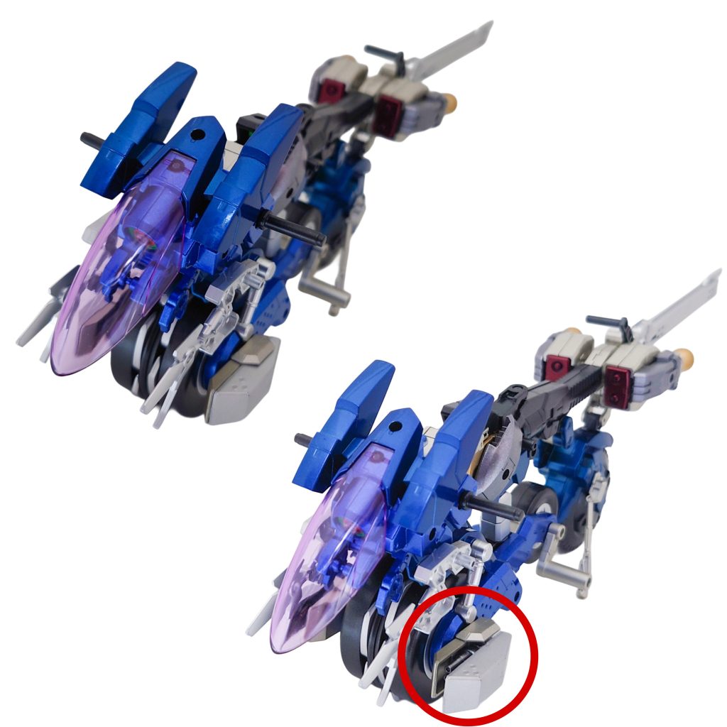 バイクの前輪部分にガトリングポッドを搭載しており、後輪側にはミサイルポッドを搭載しています!