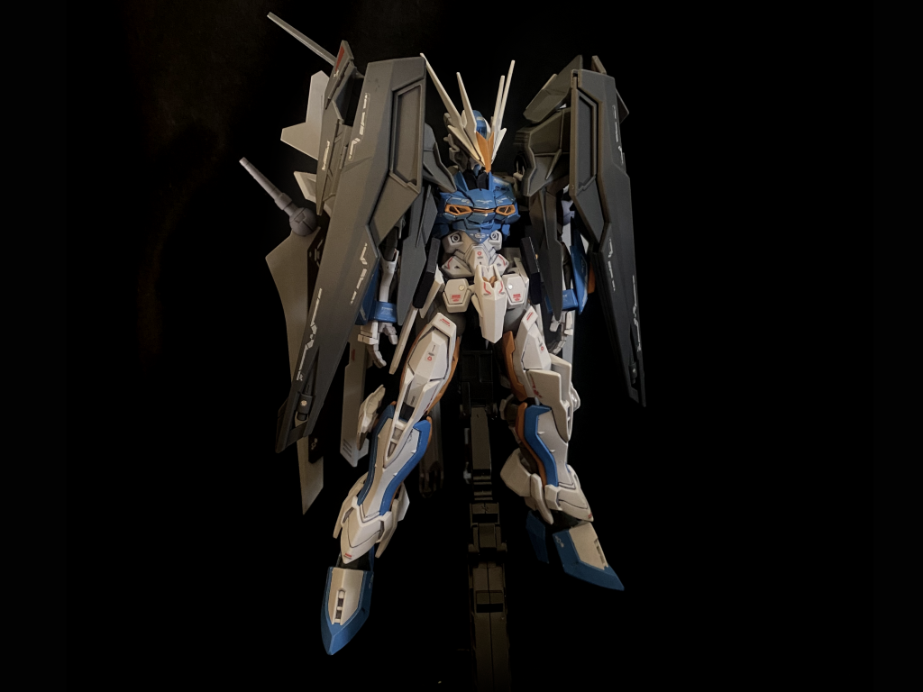 正面。ローブロングライフルはジョイント部分に小改造をし、正面にマウントできるようにしました。後ろにあるとストライカーパックと干渉するし…さながらアサルトシュラウドのような重装備感を目指しました。