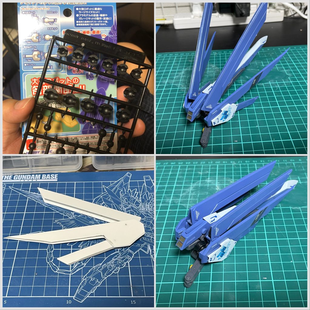 羽根は極みボールジョイントを使用！フリーダムをイメージしましたが羽根が展開はデスティニーをイメージしてます。こちらはスクラッチしてましが背中と合わせるパーツだHGのものなので少し重くてクタってます