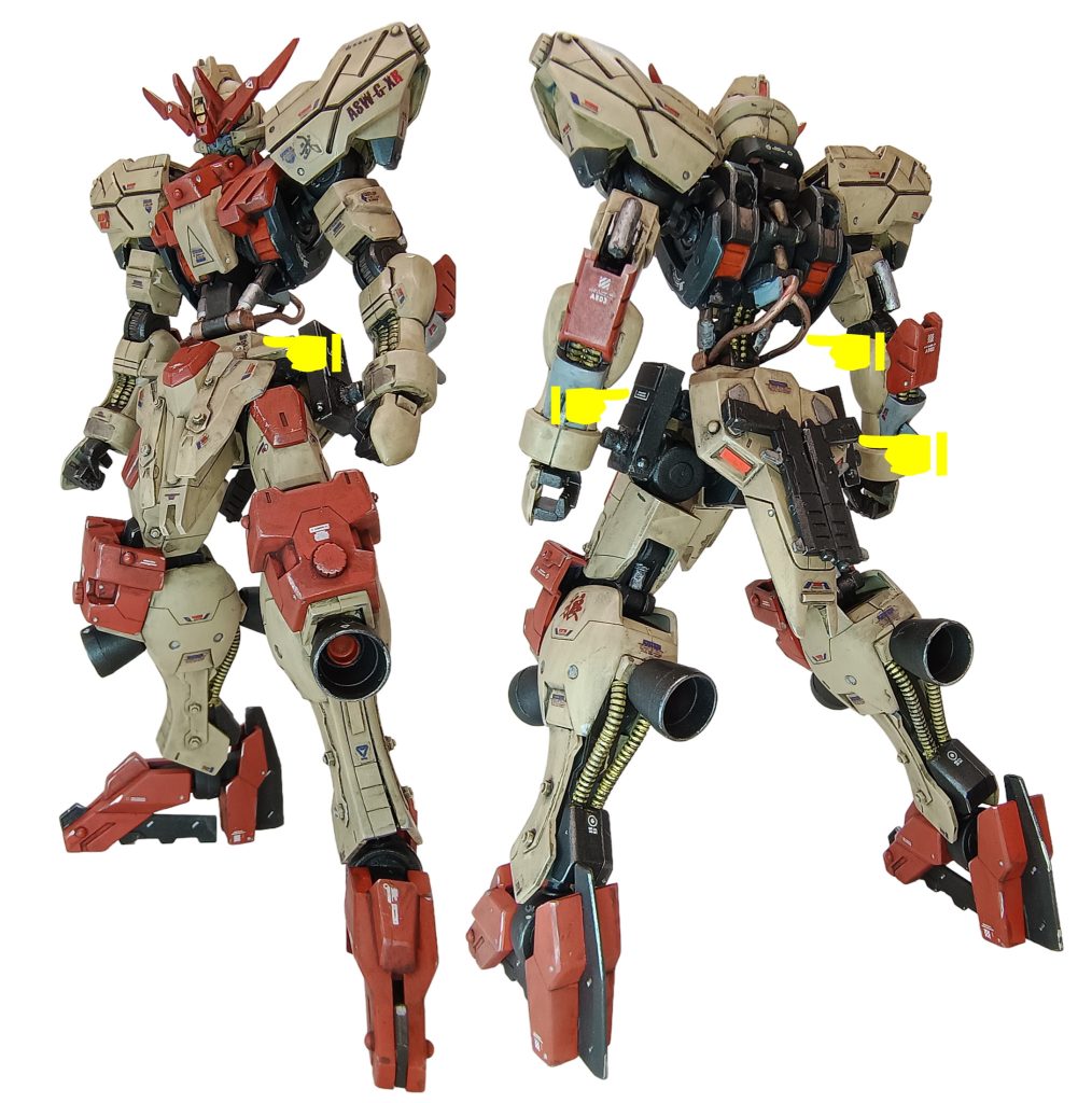 Ike主任:火星で戦うのに青は無いよな、火星っぽいカラーに変更。ん?バックパックのリアクター出力をまともに使っていない?なんて勿体ナイッ!全力で引き出してやろう😤!ついでに武装の強化も🤤大きなサイドアーマーとの干渉をさけるため、ステーを追加。胴を5mm延長。バックパックのリアクターからの出力を使うために背中にパイプを追加ハンドガンの設定は、フロントアーマー内側なのですが、お邪魔なので、リアに磁石で取り付け