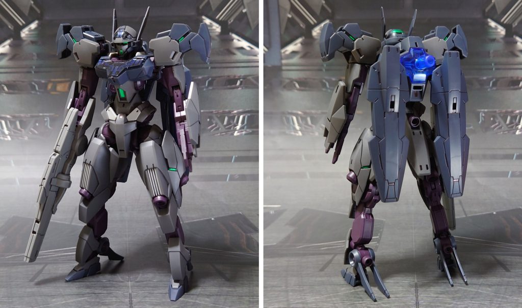ガンドノードの前後ろ。組み立てはガンダムマーカーで墨入れ・部分塗装しながらのほぼ素組み、シェルユニットのシールは青色を選択。