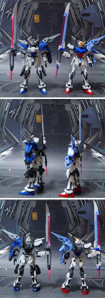 ソード装備の比較。■塗装レシピ・ソードストライカー青：黒サフ→キャラクターブルー→つや消し濃青：黒サフ→ダークブルー→つや消し黒：黒サフ→MSグレー連邦系→つや消しグレー：黒サフ→ニュートラルグレー→つや消し薄グレー：グレーサフ→明灰白色→つや消し対艦刀刃：黒サフ→ダークブルー→メタルシルバー→光沢対艦刀・ブーメランビーム刃エフェクト：先端側にメタリックレッド→根元側にベースホワイト→全体に蛍光ピンク金属色グレー：黒サフ→ブライトガンメタル→つや消しジョイント類：黒サフその他墨入れ・部分塗装：ガンダムマーカー各種