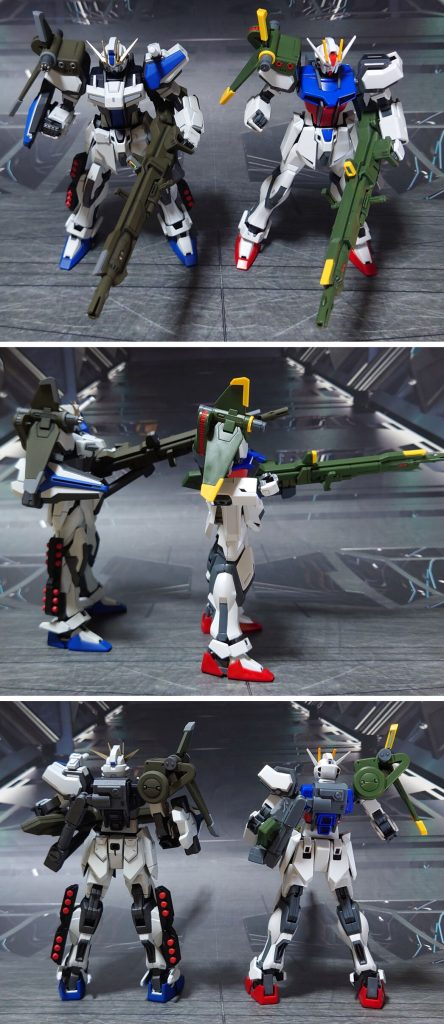 ランチャー装備の比較。■塗装レシピ・ランチャーストライカー緑：黒サフ→オリーブドラブ→つや消しグレー：黒サフ→ニュートラルグレー→つや消し金属色グレー：黒サフ→ブライトガンメタル→つや消しジョイント類：黒サフアグニセンサー：市販のシール素材を使用その他墨入れ・部分塗装：ガンダムマーカー各種