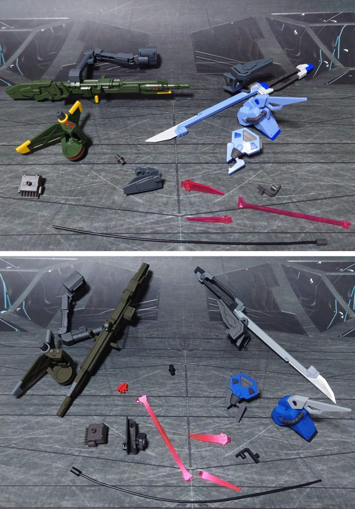 ガンダムマーカー部分塗装分と、全塗装分の一式。全塗装分の工作は、ゲート痕処理、エッジ尖らせ、パーティングライン・段ズレ・ヒケの対処、面出し、一部パーツの合わせ目消し、市販パーツ貼り付け・埋め込みによるディティールアップ兼肉抜き穴埋めを実施。