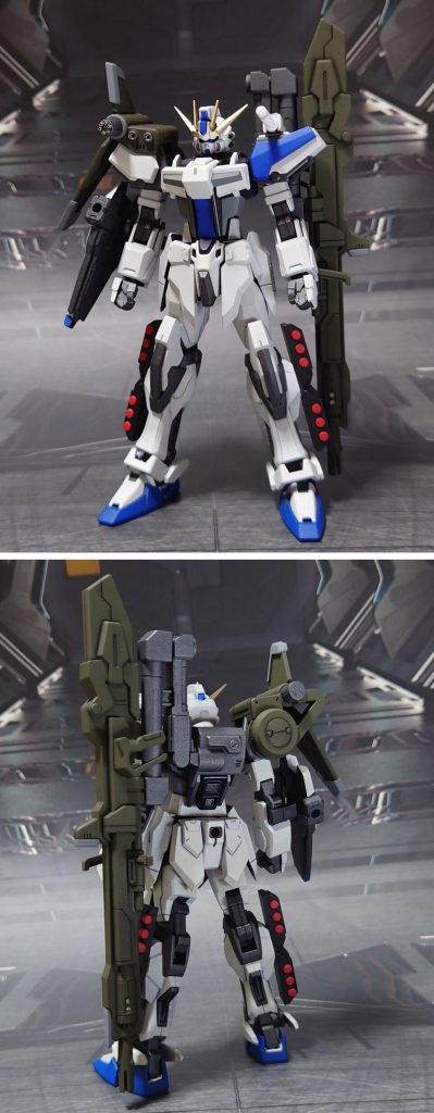 ランチャービルドストライクエクシードギャラクシーk。ランチャーストライカーに加え、下記の装備を追加。・左肩にビームサーベル&ラック・右腕にシールド・脚にHGUCフルアーマーユニコーンガンダムのグレネードラック