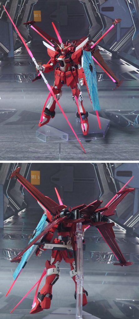 ビームエフェクト全部盛りで前後ろ。ビームサーベルは連結機構を廃し、連結状態専用の物をマイティーストライクフリーダムから流用(インフィニットジャスティス弐式と同じ“アクータラケルタ”)しました。