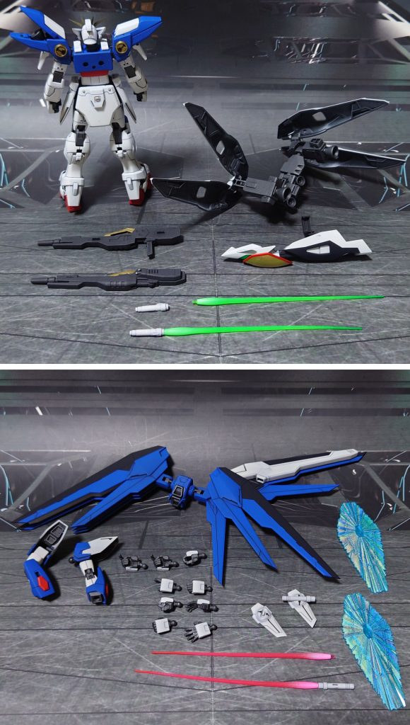 付属品一式。■塗装レシピ白:黒サフ→シルバーリーフ→グランプリホワイト→つや消しバラエーナ白:黒サフ→シャインシルバー→グランプリホワイト→つや消し赤:黒サフ→シルバーリーフ→キャラクターレッド→つや消し青:黒サフ→キャラクターブルー→つや消し黒:黒サフ→ダークブルー→つや消し金:黒サフ→メッキ調スプレー・ゴールド→光沢関節類グレー:黒サフ→ブライトガンメタル→つや消し首関節用ポリキャップ:PPプライマー→ブラック→ブライトガンメタル→つや消しその他ポリキャップ:PPプライマー→ブライトガンメタル→つや消しツインバスターライフル黒:黒サフ→MSグレー連邦系→つや消しシールドジョイント:黒サフビームサーベルエフェクト(クリアピンク成型色を使用):先端側にメタリックレッド→根元側にベースホワイト→全体に蛍光ピンクビームサーベルエフェクト(クリアグリーン成型色を使用):先端側にメタリックグリーン→根元側にベースホワイト→全体に蛍光グリーンビームシールドエフェクト:表面にガンダムマーカー・光の翼ホロブルー→光沢ツインアイ・頭部センサー:キット付属シールを使用胸部センサー内部:市販のシール素材を使用その他部分塗装、墨入れ:ガンダムマーカー各種→つや消し
