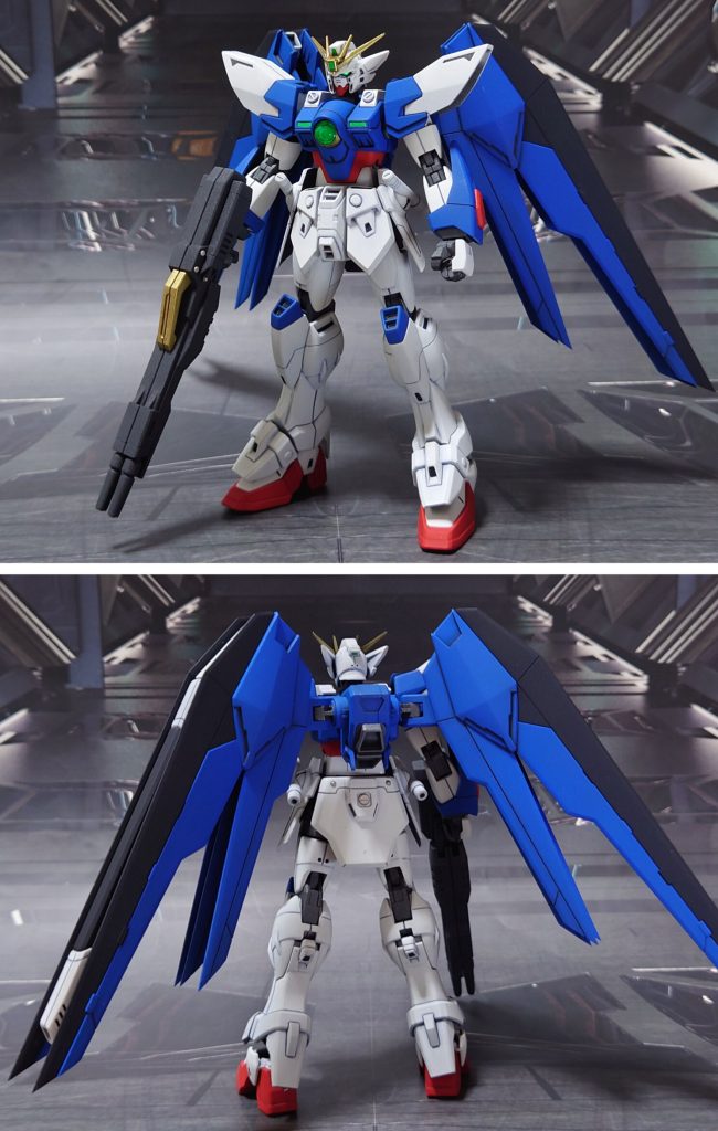 パーツを差し換え、ウイングガンダムビルドゼロの前後ろ。ここからはキット外の差し替えパーツについて、今回用意した物は下記の通り。肩アーマー:HGBFビルドストライクガンダム 上腕との接続は3mmプラ棒(適当なランナーを切り出して使用)腕・ビームシールドエフェクト:HGCEライジングフリーダムガンダム手首:HGUCジム系の汎用手首(右角度付き銃持ち手、左右銃持ち手、サーベル持ち手、握り手、平手)腰サイドアーマー+ビームサーベル:HGBFビルドストライクガンダムバックパック:HGCEフリーダムガンダムのもの 翼の先端をプラ板で少し延長してから削ってエッジ尖らせそれぞれ、元のウイングゼロのパーツと換装して出撃可能です。カラーリングはEW版ウイングゼロ、ビルドストライクを意識しつつ、赤を減らし、青と白を増やしてバランス調整してみました。“試作機感”は薄れますが、好みのバランスになりました。