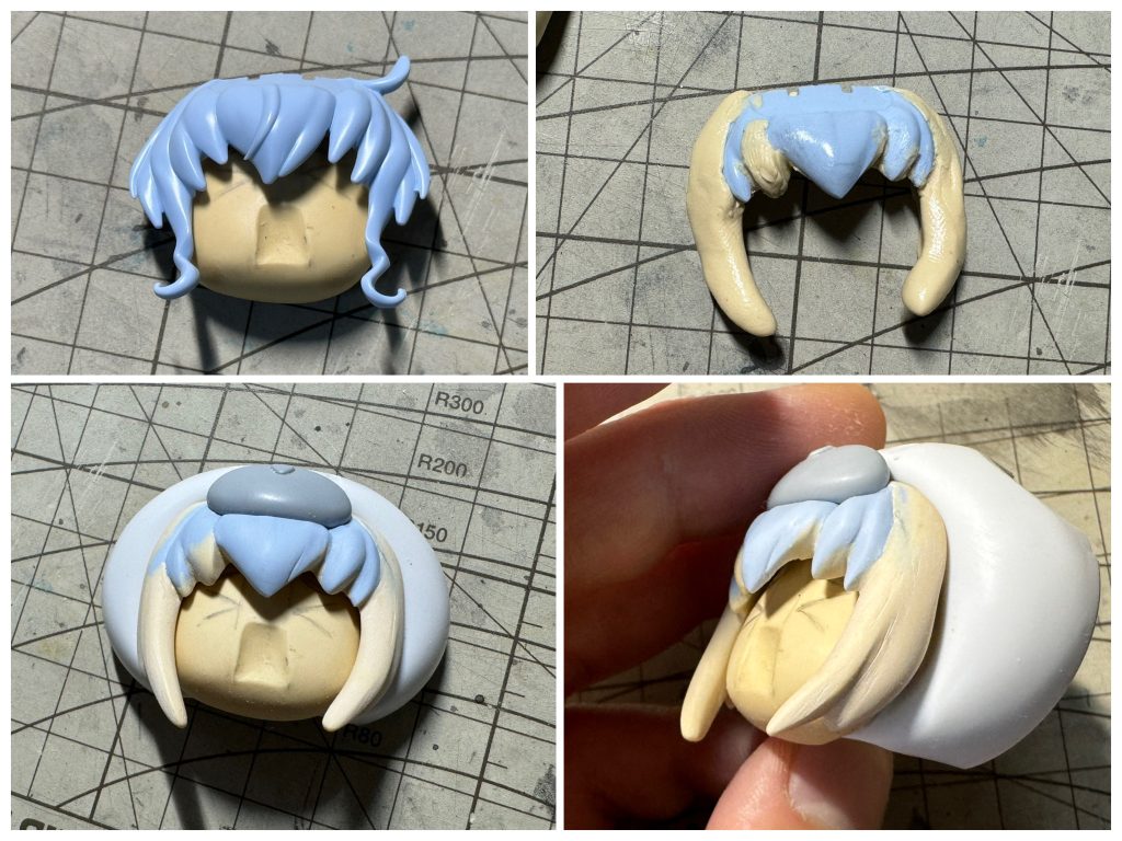 髪型は元キットにエポパテを盛って整形して作成しています。別れ目とか表現するの難しい…😓もうちょっと毛先を細かくするべきだったかもしれませんが、きゃらっがいキットやねんどろいどはディフォルメデザインなのであえてこれでいいのかも…　　言い訳ではないゾ⭐︎　　