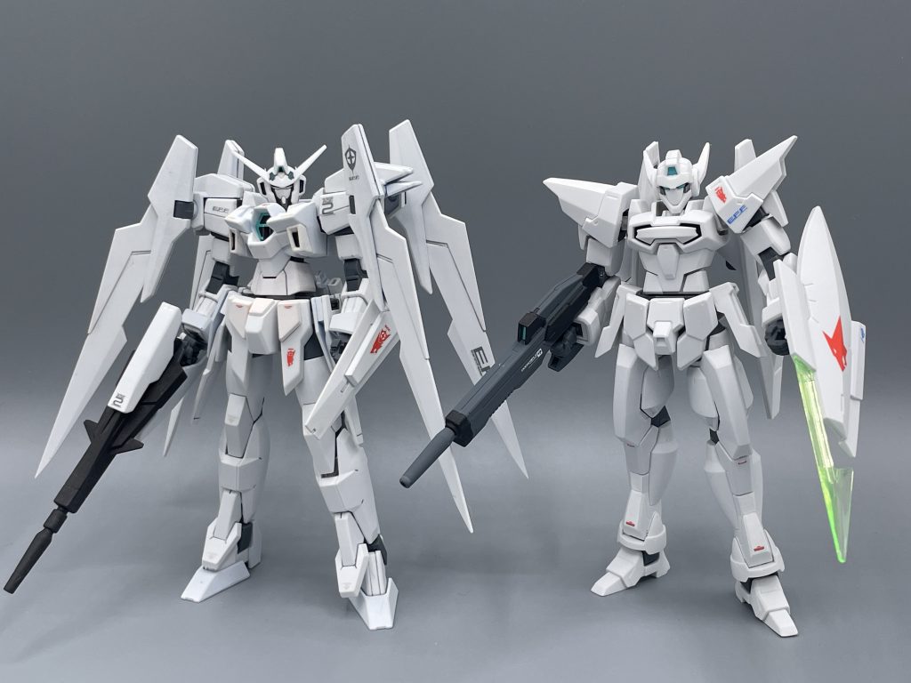 引き継がれる、白き狼の意志… 機動戦士ガンダムAGEの本編に少しだけ登場したガンダムAGE2(特務隊仕様)とのツーショット。本当にわずかな時間の出演でしたが、強烈に私の脳に焼き付いた機体。私の中で、GバウンサーとAGE2はニコイチ。AGE‐2はこちらから→https://gumpla.jp/hg/2028946