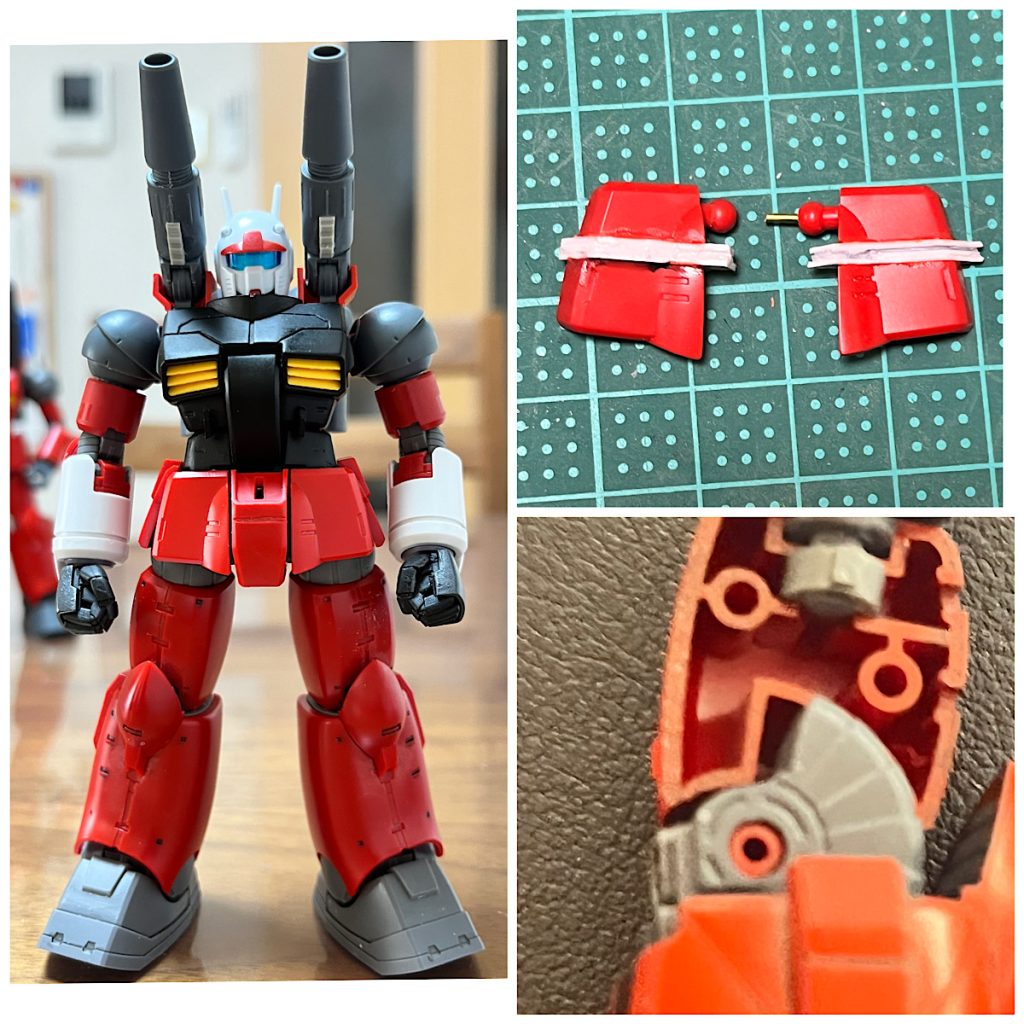 素組みしたら、サザエさん家のワカメちゃんのようにパンツ見えてる(ような)状態なので、前スカートを延長。左右のスカート繋ぎ目は真鍮線で補強S字立ちが決まるように膝関節のパーツ(じゃばらの部分)をノコギリで削ってます