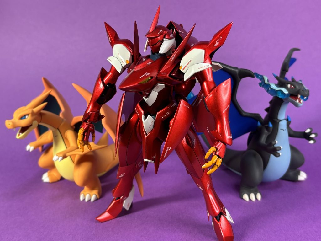 ゼダスのデザイン見てファイアーバルキリーぽかったので赤で塗装。完成したらEVA二号機みたい。ウイングがまじリザードン。塗装はタミヤゴールド吹いてクリアーレッド。インシグニアホワイト、関節部ネービーブルー、指はビビッドオレンジ、カメラアイ胸部ビーム部は蛍光ブルーグリーン。