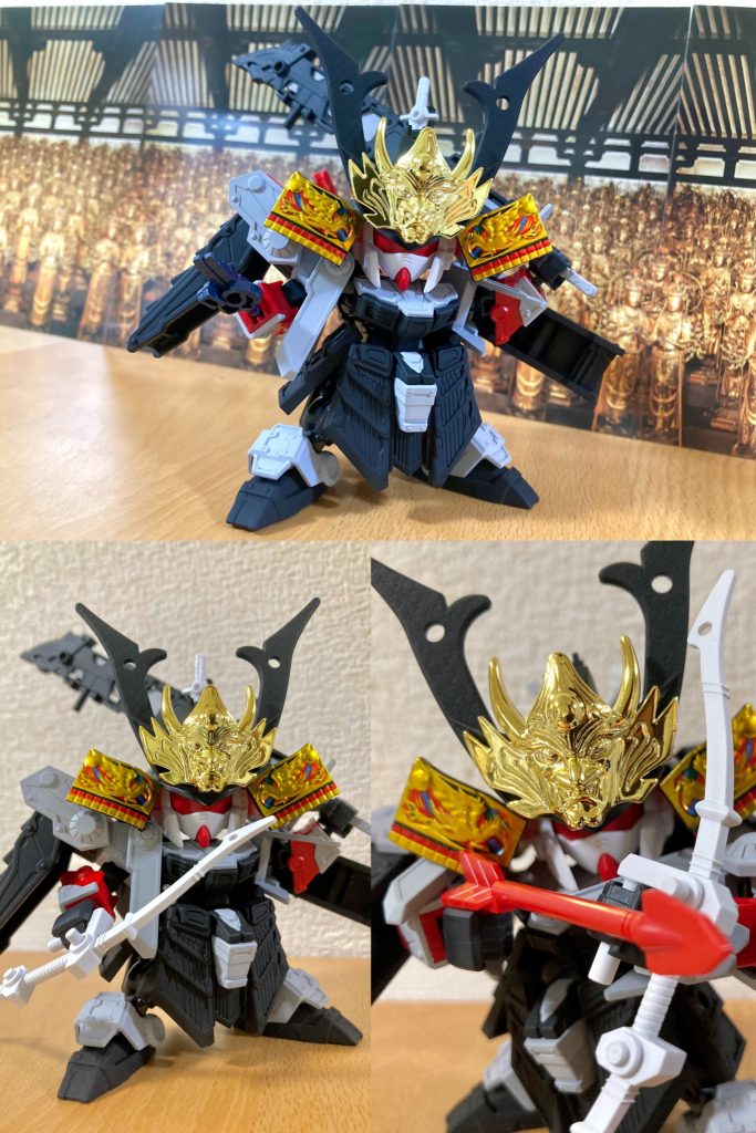 33代目の数字と平清盛を関連付ける要素は三十三間堂だけなので、プラモパーツとして千体観音や御堂モチーフを仕込む事は難しかったのですがせめて雰囲気を出せるよう、三十三間堂のおみやげポストカードを何枚も繋げてそれっぽく撮影と設定に取り入れました。また平家の宝刀といえば現:皇室御物の小烏丸なので是非ともと設定に取り入れましたが、鋒両刃造という特徴的な形状でガンプラパーツには類例がないので、少年武者烈丸の「武化舞可の號刀」を削り込んで独自に整形しそれっぽく仕上げています。