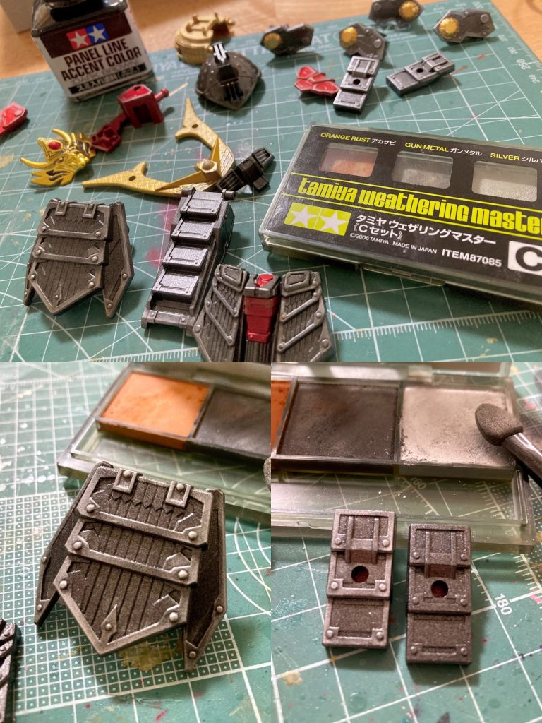 また塗装はメタリック系ガンメタ系の光沢仕上げの上から、金属質感のウェザリングを施しました。エングレービングの細かい塗り分けの手間を省くと同時に、使い込まれた鉄や鋼の鎧の重厚な摩耗感が表現されて結構効果的に活用できたかなと思います。