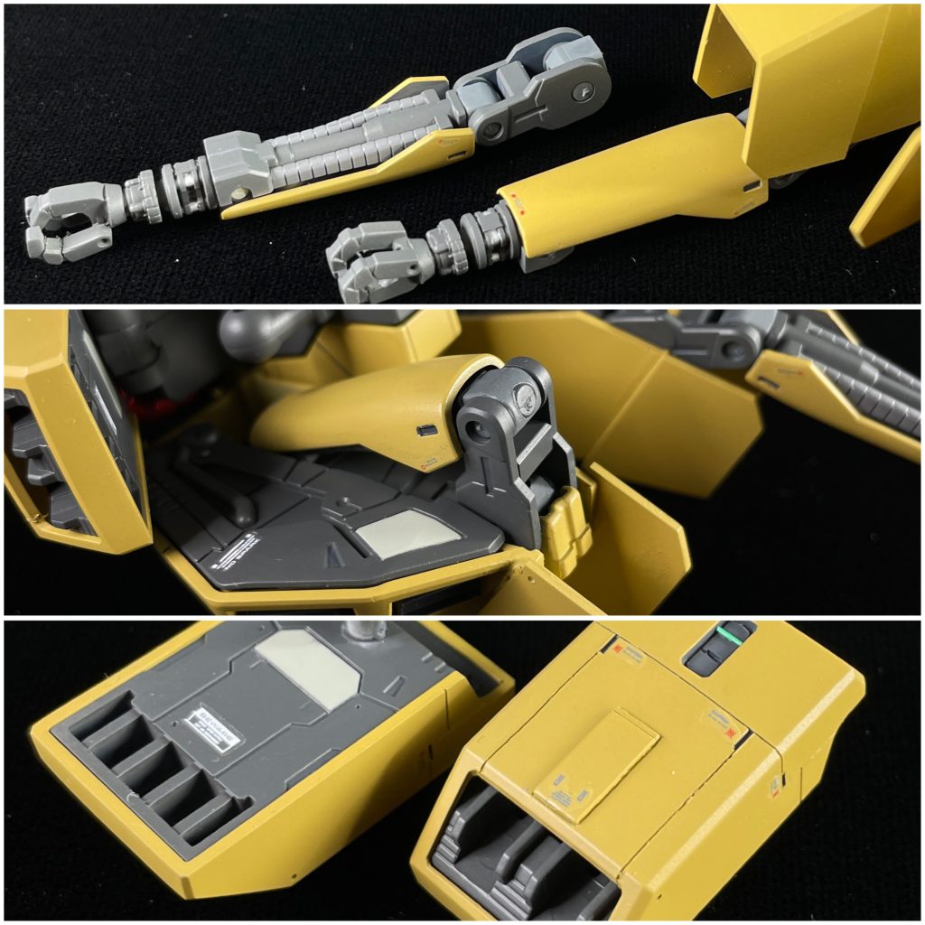 ◎全身・合わせ目処理やエッジ出しをしながら 可動域も 立ち姿が決まる様に改修。・プロポーションの改修、造形できていないモールドのオミットや制作・適所に スジボリやレッドポイント、エッチングパーツ等を配置しディテールアップ・全身のスラスターは 全て個別化し シャープに加工◎頭部・頭頂部のセンサーはクリアパーツの削り出しで制作・モノアイは市販品に変更・頭部を上下に延長・頬当てを 左右に幅まし・フェイスの口は プラ材で制作・首周りで一段落とし、埋まってる印象に。◎胴体・腹部での延長加工・背中のスタビライザーは プラ材で制作し 大型化・左右の羽先は オレンジで差し色を入れてみました。・胸中央は アシンメトリーなスジボリを入れて 特殊機体感を。◎腰部・股間パーツを プラ材で大型化・フロントアーマー先端を プラ材で大型化※画像には写っていませんが、内部には スラスターがあります。・リアアーマー中央のカバーディテールは 開口し、ネオジム接続に変更、開閉機能をもたせました。・リアアーマーの内部パーツはジャンクパーツから制作。中央の色違いパーツを外せば、カバーを閉める事ができます。※サイドアーマーには キットの通り サーベルグリップを収納できますが、塗装ハゲ防止の為 撮影していません。◎腕部・肩の上スラスターは ポリキャップが露出している為、プラ材でカバーを制作・肩の下スラスターの内側に ジャンクパーツからスラスターを制作し 配置・上腕で延長加工・下腕で延長加工、同時に手首の接続のクリアランスを狭め、接続軸の露出を軽減・左の持ち手は 握りてに改造・ライフルの持ち手は ライフルに固定※右の持ち手と、ライフルの持ち手の甲は選択式になります◎脚部・太腿での延長加工・太腿の可動域の調整・爪先での延長加工・足裏は フレーム改修で ダークグレーをメインに塗装◎他・隠し腕の、ポリキャップ丸出しの関節は フロントアーマーの延長により 隠れています。・隠し腕の指は 彫り込みでシャープに。・隠し腕の手首は 市販品を加工し 露出。※収納時は 手首を外します。・ビームライフは 幅まし＆延長工作により大型化・ビームサーベルの刃は ハンドパーツの加工により、最大3本しか装備できませんが、4本制作してあります。その他、記載漏れもあるかと思いますが、ブログおよび画像にてご確認いただきますよう お願いします。 最後までご覧いただきありがとうございました。