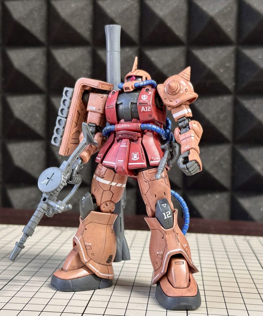 モノアイ交換、スジボリ、筆塗り全塗装、デカール、ウェザリング、つや消しトップコート