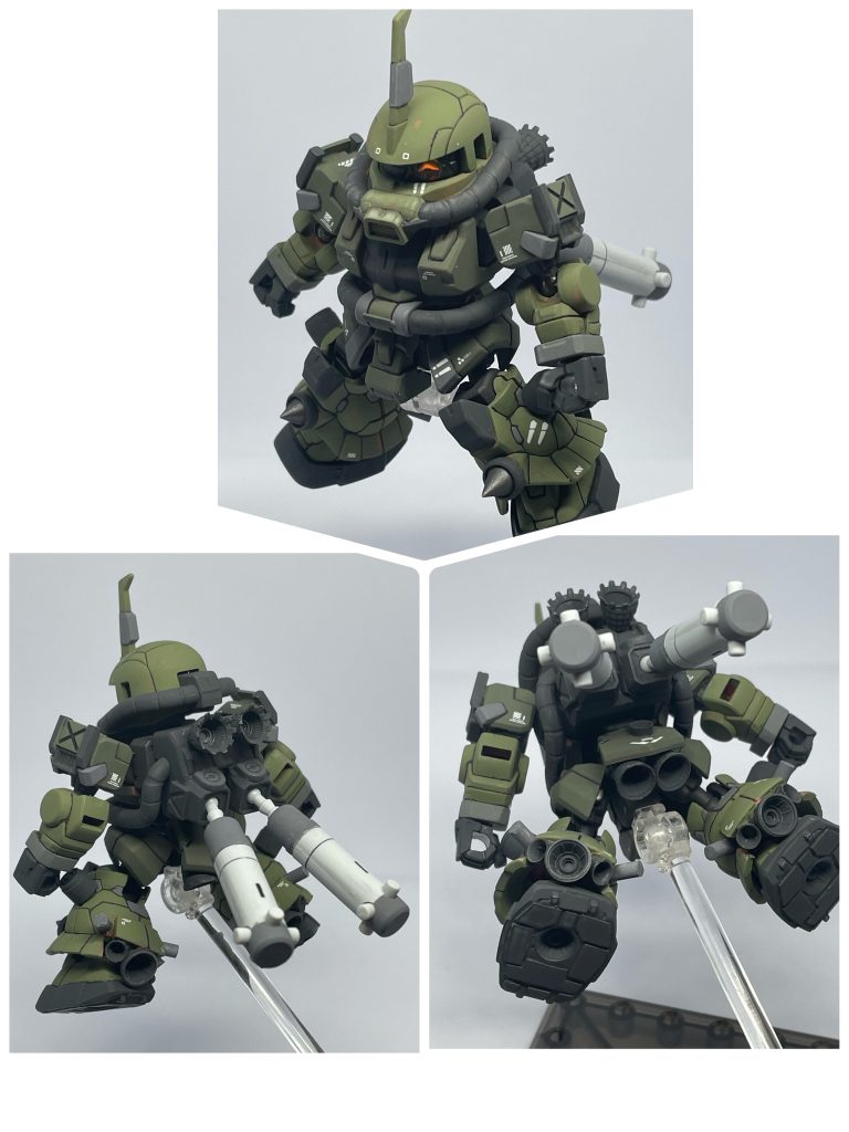 脚部の動力パイプをカットしてタンクを取り付け、一部をカットして3蓮バーニアを取り付け、スカートもバーニアを追加して角度を変えて接着しました。