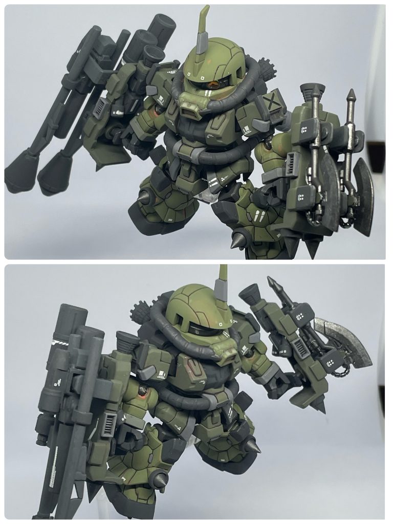 シールドにヒートホークと手投げボム、シュツルムファウストをマウントしました。肩のジョイントはオミットして装甲を追加しました。シュツルムファウストは第8MS小隊の劇中の回想シーンに出てくる毒ガス弾を発射した旧ザクの武装を真似しました。