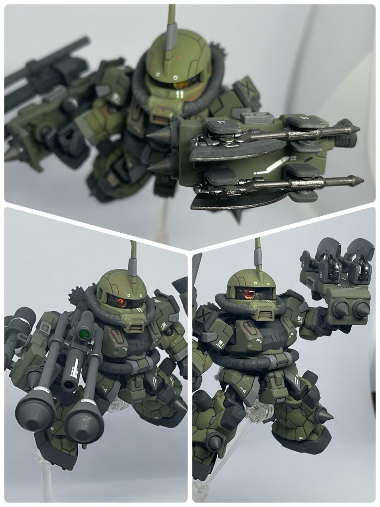 ヒートホークは懸架した状態で発熱し、タックルを喰らわせる!イメージです。もちろんスパイクも付いてますのでそのまま殴ります。スネにもスパイク追加して威圧感を出してます。シュツルムファウストは軸が短いのでシールドと共に持たせれます。