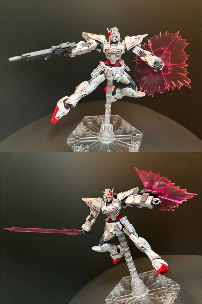 武装はシンプルにビームライフル、ビームサーベル、ビームシールド。ビームシールドは出力方向を絞る事でビームアックスとしても運用可能です。