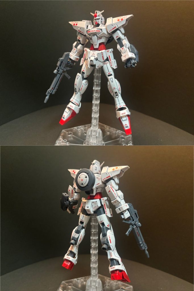 【本体】頭部:Oガンダム(アンテナをショート加工)胴体部:Gバウンサー+ガンダムエクシア腕部:Gバウンサー脚部:ウイングガンダムバックパック:ダブルオーダイバーエース+α(GNドライヴのみ改造して移植)武装:EGストライクガンダム、M.S.Gエネルギーシールド、M.S.Gサーベル&ハンマー等カラー数をデカール含めレッド・ホワイト・グレー系に制限して統一感を意識しました。試作機っぽいイメージです。