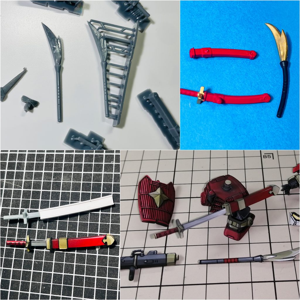 ほぼゴムな軟質材質が大変で、曲げクセを直せなかったパーツ→刀、鞘、ツノ、矛はプラ板やプリンターで新造特に、刀と鞘は納刀抜刀で差し替え式だったモノを、納刀できる様に刀をプリンターで、鞘を現物合わせでプラ板にてスクラッチしました。