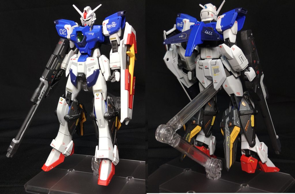 スタンダードシルエット全体図です。バックパックは基本形態だとウイングとバーニアが1基ついた簡易的なものを装備しており、それを補うように脚部に追加のスラスターユニットを装備している。