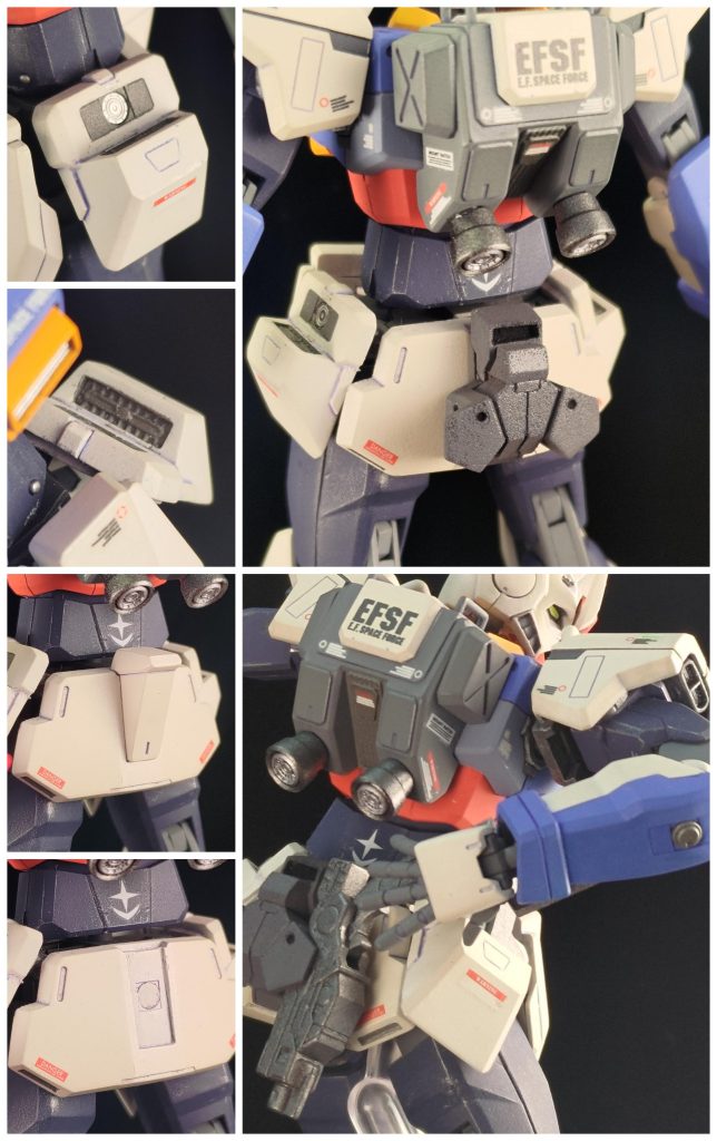 腰部の改修は特徴的な部分が多いので特に気を遣いました。ビームダガーをマウントするサイドアーマーはマグネット接続を採用し、ディテールとギミックの両立を図りました。リアアーマーにマシンガンをマウントするための専用ラックもプラ板から自作し、通常時と使い分けが出来る仕様です。