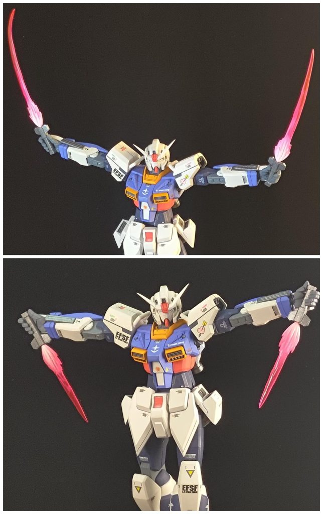 ビームダガーはサーベルモードにも変更可能。 長短どちらのエフェクトも忍パルスガンダム用のオプションパーツを使用。長いタイプは先端を少し熱して曲げました