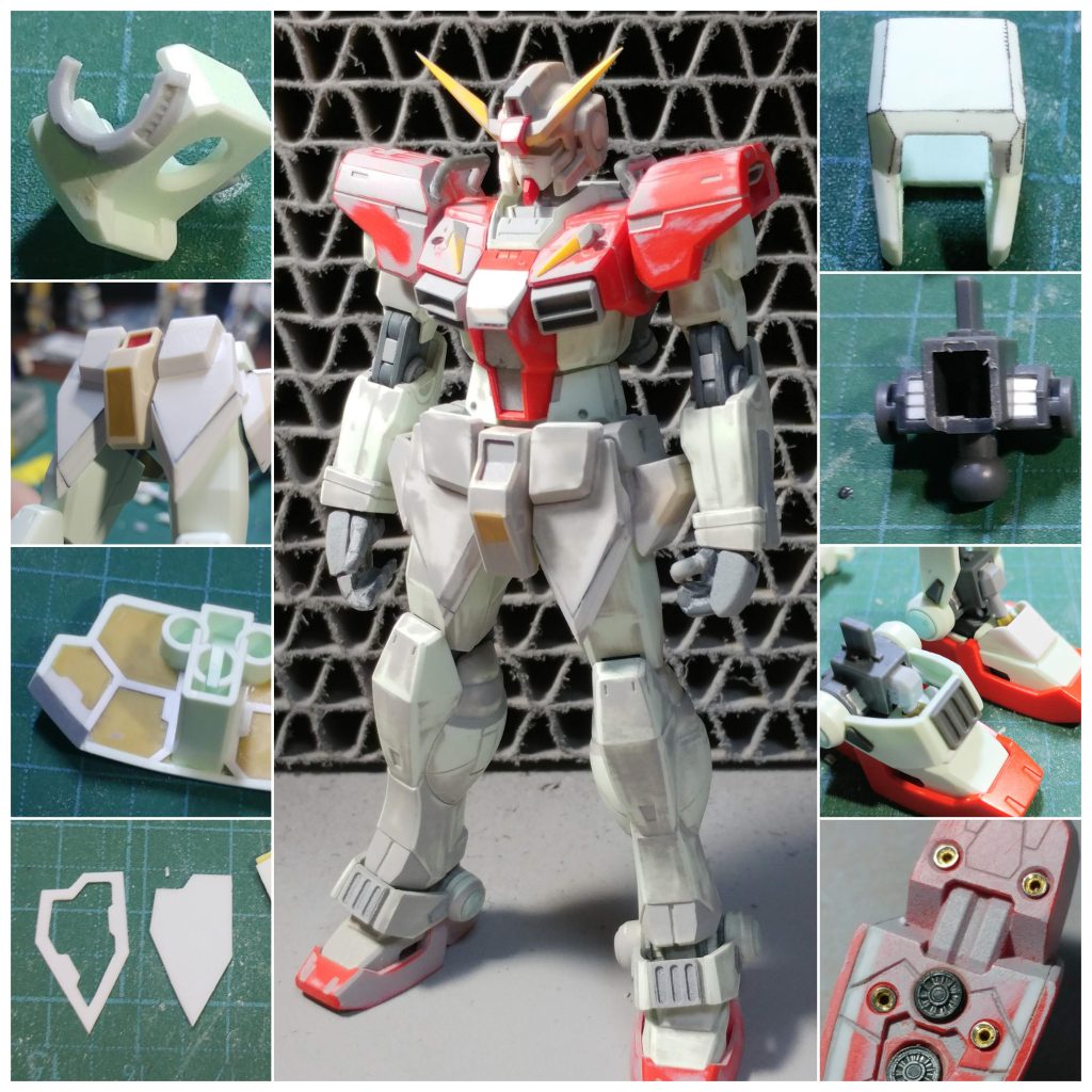 頭部はHGUCジム改とフェイスにHGUCνガンダム、アンテナはジャンクだった旧144のインパルスガンダムから加工しています。（写真のは初期に作ったデスティニーのアンテナです。壊れちゃった）ハンドパーツはジャンクのヘイズルとビルドナックルを使用し、表情豊かになりました。他にも腰部のトラスや脚部のシリンダー増設、足裏のスラスターにソケットピン追加等々、初めて施した改修まみれでした。