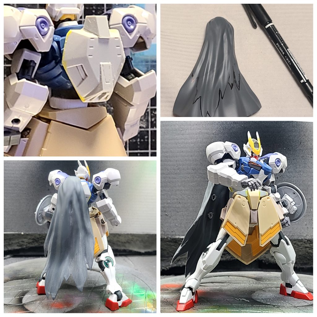 バックパックも、確か鉄血系のモノから拝借したと思います。そこに、コトブキヤさんのジョイントパーツを設置して、30MM用のマントパーツの一部をカットして取り付け。例の青銅聖闘士の長髪を表現してみました。