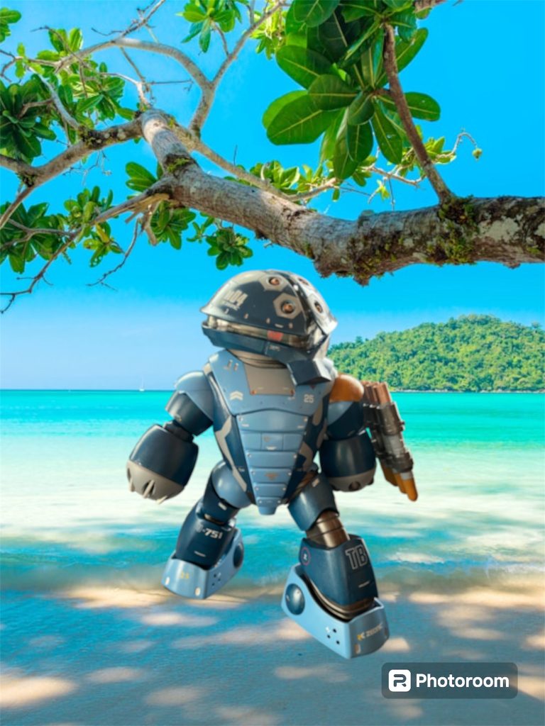 暗くさびしい深海から、眩しい夏の太陽の光を浴びて徐々に明るくなる珊瑚礁の海を進み海面に浮上してゆく。近くの小島の誰も居ない白い浜辺にアッガイは上陸した。 「よし、ここでいいだろう。さっきの訓練でこの海域もまだミノフスキー濃度は濃い。機関停止、無線機を残して他の通信系のスイッチも切っておけ。エンジンの冷却にはいましばらくの時間がかかるハズだ。」訓練中や艦内とは明らかに違う雰囲気の教官がそこには居た。「きょ、教官殿。これは一体、どうゆう事でありますか?」「一人でも多くの優秀な海兵を育てることが俺たちの使命だ。ずっと暗い深海の底でメンタルをやられちまうヒヨッコ達を量産する事じゃない。どんな世界でも一流ってのはな、肩の力の抜き方も一流なワケ。これは俺からの特別課題だ。後ろからは、ずーっと緊張でガチガチな姿しか見ていない。お前も、ちっとは“休息”のとり方を勉強しろ。」 後ろ姿でそう語り終えるか終えないか、トーゴー教官は椰子の木の木陰に寝転んで、うたた寝を始めてしまった。「は、はぁ💦」と、戸惑いはあったものの、眩しい日差し、涼しげな波音、楽しげな鳥のさえずり、葉を揺らす風、そんな全てが無条件に心地よいと感じている自分が居ることに気付くのに、もうそう時間は掛からなかった。