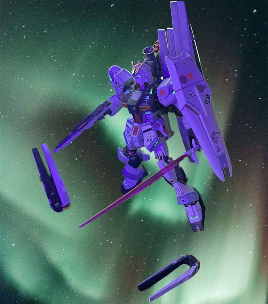 ドゥンドゥン ドゥンドゥン ドゥンドゥン ドゥンドゥン♪語ぁりぃ継ぐ〜 人ぉも無くぅ〜♪ ナレーション タグッチ・トゥモロー 「幾多の困難を超えて完成したνガンダム。しかし、その先に待ち受けるのは、やはり兵器として故の宿命なのか。このロールアウトからわずか7日後のUC0093年3月12日、アクシズを巡る攻防戦の中、アムロ・レイと共にその消息を断つ。一度は落下軌道にあったとされるアクシズの破片を包んだオーロラとも虹とも言われる光。開発チームの面々は今でもその光景を忘れないと言う。」