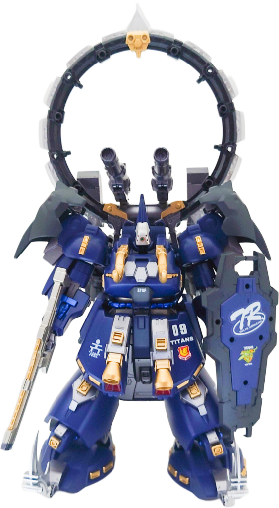 カラーリングはティターンズカラーにしてみました!一応設定としては、ティターンズテストチーム通称T−3部隊が、シロッコから提供されたジ・オの設計データをもとに色々と改良を加え、パーフェクト・ジ・オを生産したというものです!