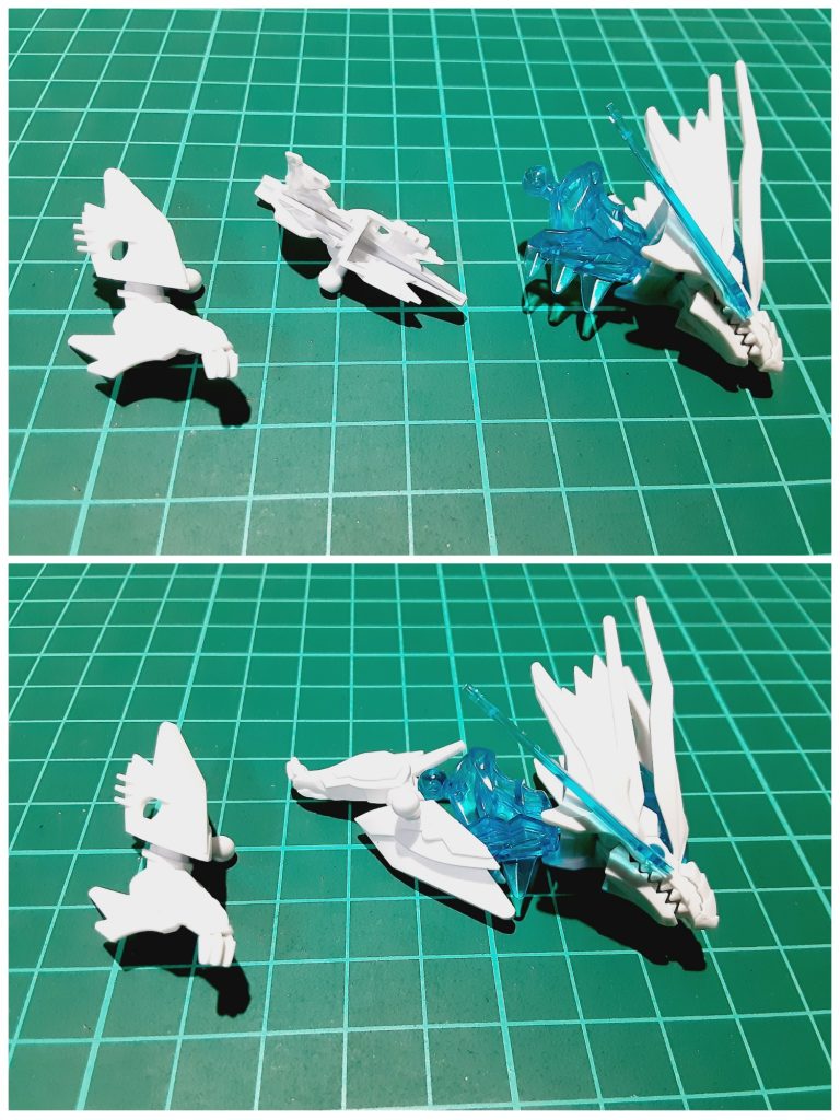 腕パーツの肉抜き穴にあるスリットを利用して首のヒレを差し込みます