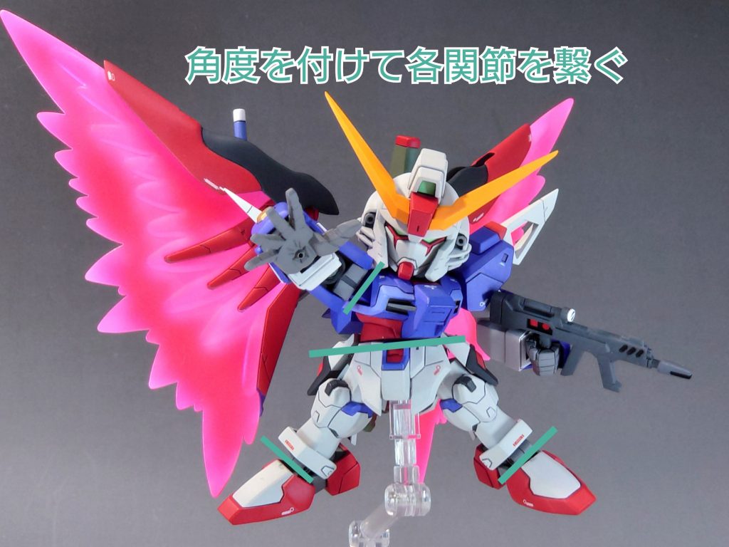 各部関節に角度を付ける事によって自然なポージングになるように、腹辺りが分かりやすいと思います。